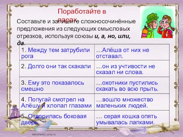 Поработайте в парах Составьте и запишите сложносочинённые предложения из следующих смысловых