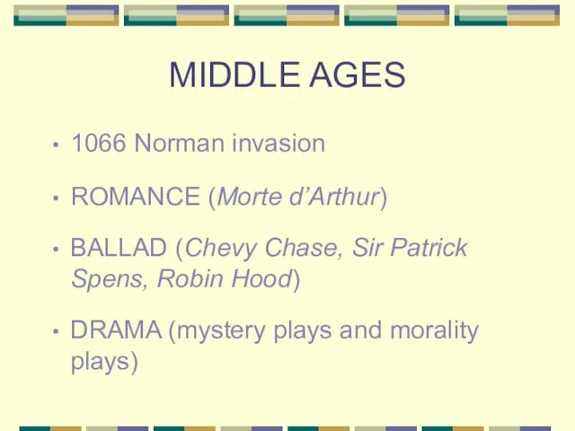 MIDDLE AGES 1066 Norman invasion ROMANCE (Morte d’Arthur) BALLAD (Chevy Chase,