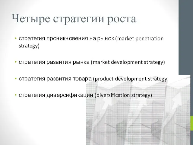 Четыре стратегии роста стратегия проникновения на рынок (market penetration strategy) стратегия