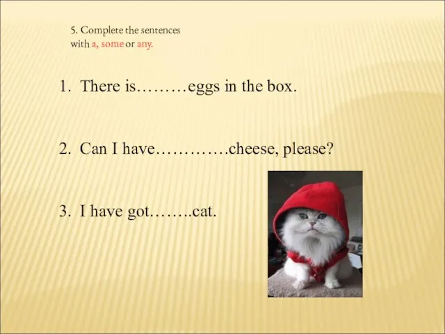 5. Complete the sentences with a, some or any. There is………eggs