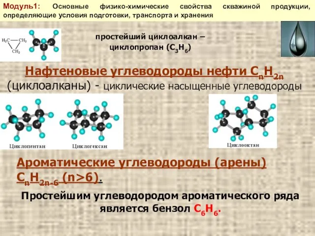 Нафтеновые углеводороды нефти СnН2n (циклоалканы) - циклические насыщенные углеводороды простейший циклоалкан