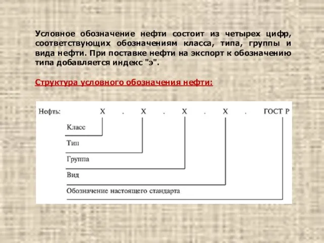 Условное обозначение нефти состоит из четырех цифр, соответствующих обозначениям класса, типа,