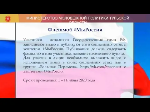 МИНИСТЕРСТВО МОЛОДЕЖНОЙ ПОЛИТИКИ ТУЛЬСКОЙ ОБЛАСТИ Флешмоб #МыРоссия Участники исполняют Государственный гимн