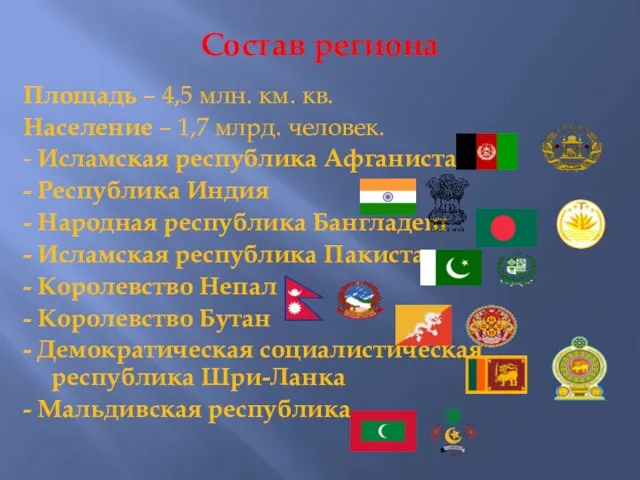 Состав региона Площадь – 4,5 млн. км. кв. Население – 1,7