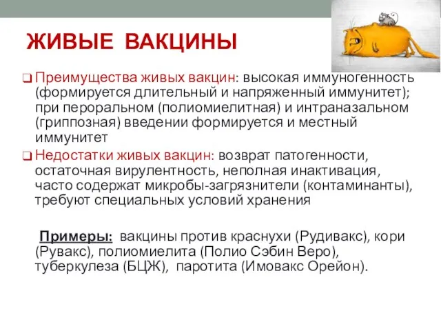 ЖИВЫЕ ВАКЦИНЫ Преимущества живых вакцин: высокая иммуногенность (формируется длительный и напряженный