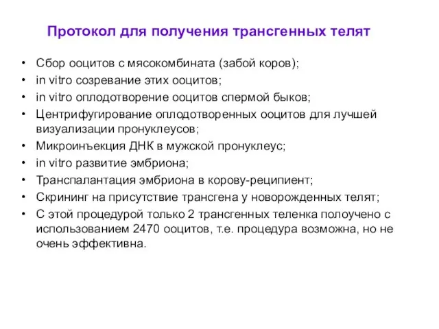 Протокол для получения трансгенных телят Сбор ооцитов с мясокомбината (забой коров);