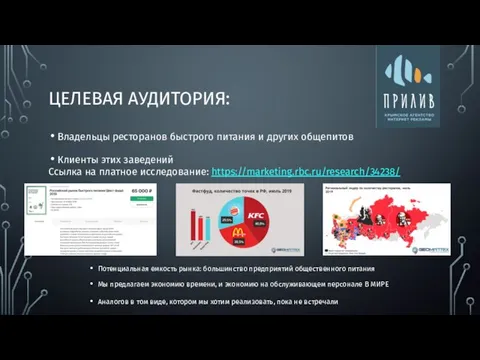 ЦЕЛЕВАЯ АУДИТОРИЯ: Владельцы ресторанов быстрого питания и других общепитов Клиенты этих