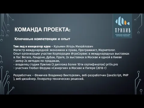 КОМАНДА ПРОЕКТА: Ключевые компетенции и опыт Тим лид и инициатор идеи