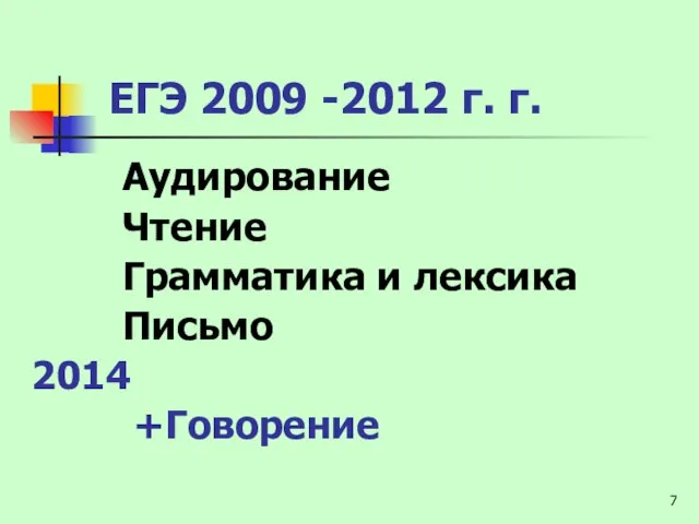 ЕГЭ 2009 -2012 г. г. Аудирование Чтение Грамматика и лексика Письмо 2014 +Говорение