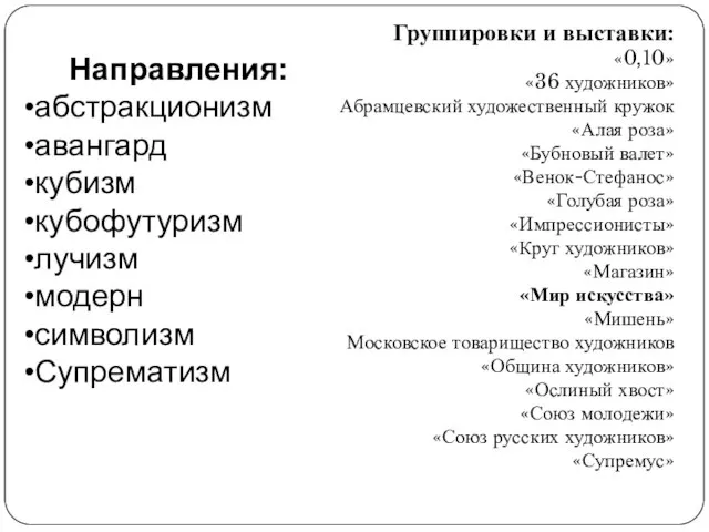 Группировки и выставки: «0,10» «36 художников» Абрамцевский художественный кружок «Алая роза»