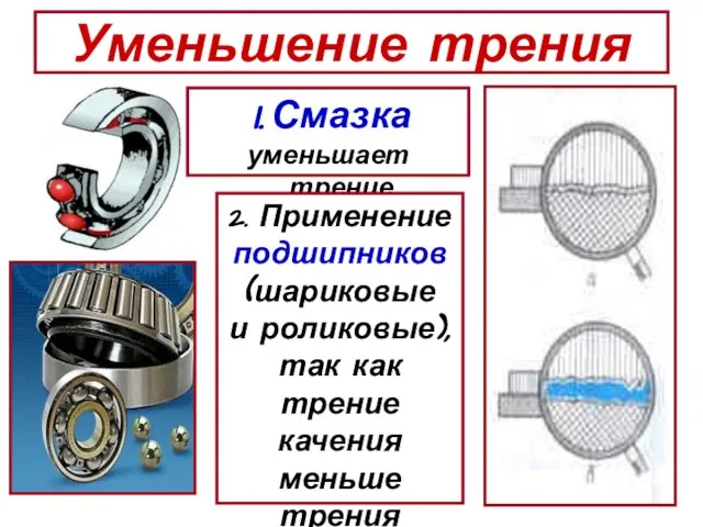 Уменьшение трения Смазка уменьшает трение 2. Применение подшипников (шариковые и роликовые),