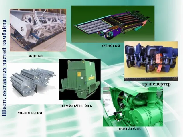 жатка молотилка очистка измельчитель транспортер двигатель Шесть составных частей комбайна