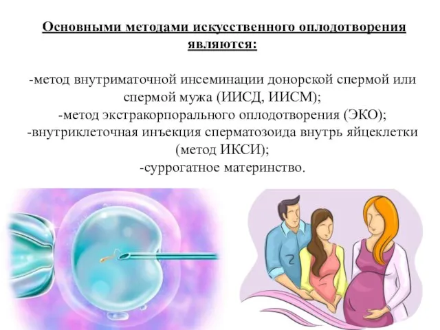 Основными методами искусственного оплодотворения являются: -метод внутриматочной инсеминации донорской спермой или