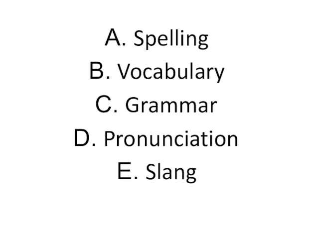 Spelling Vocabulary Grammar Pronunciation Slang