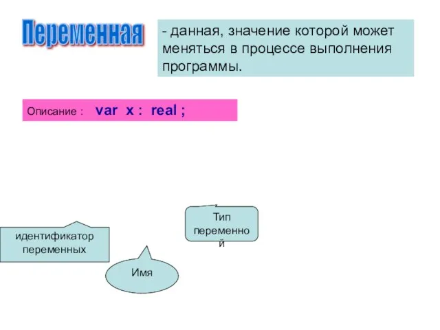 Переменная - данная, значение которой может меняться в процессе выполнения программы.