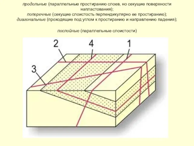 продольные (параллельные простиранию слоев, но секущие поверхности напластования); поперечные (секущие слоистость