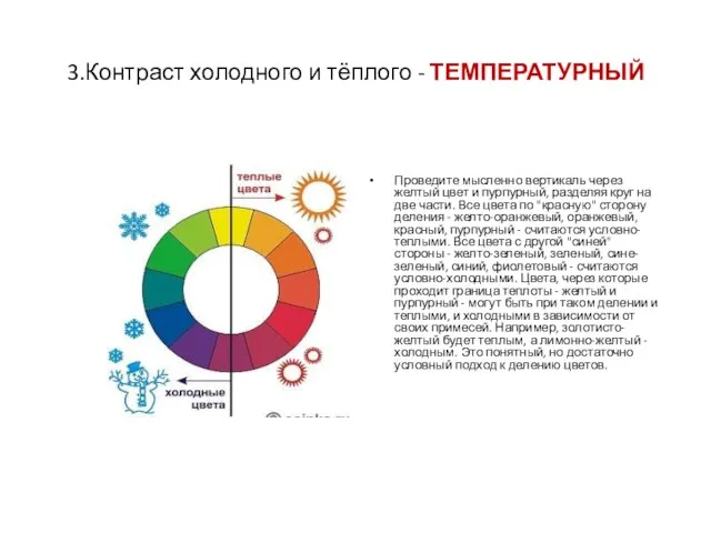 3.Контраст холодного и тёплого - ТЕМПЕРАТУРНЫЙ Проведите мысленно вертикаль через желтый