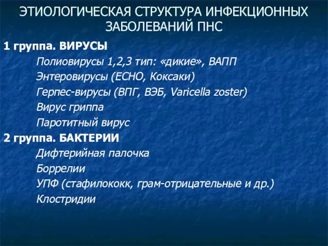 ЭТИОЛОГИЧЕСКАЯ СТРУКТУРА ИНФЕКЦИОННЫХ ЗАБОЛЕВАНИЙ ПНС 1 группа. ВИРУСЫ Полиовирусы 1,2,3 тип: