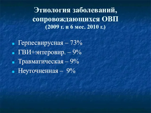 Этиология заболеваний, сопровождающихся ОВП (2009 г. и 6 мес. 2010 г.)