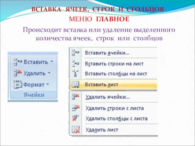 ВСТАВКА ЯЧЕЕК, СТРОК И СТОЛБЦОВ Происходит вставка или удаление выделенного количества