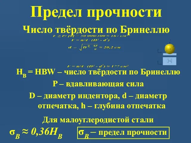 Предел прочности Число твёрдости по Бринеллю Для малоуглеродистой стали σB ≈