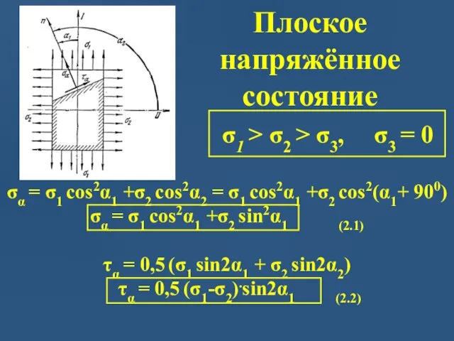 Плоское напряжённое состояние σ1 > σ2 > σ3, σ3 = 0
