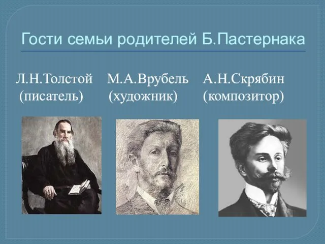 Гости семьи родителей Б.Пастернака Л.Н.Толстой М.А.Врубель А.Н.Скрябин (писатель) (художник) (композитор)