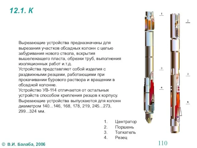 12.1. К Вырезающие устройства предназначены для вырезания участков обсадных колонн с