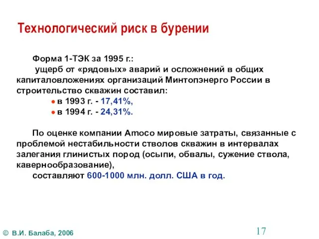 Технологический риск в бурении Форма 1-ТЭК за 1995 г.: ущерб от