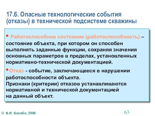 17.6. Опасные технологические события (отказы) в технической подсистеме скважины • Работоспособное