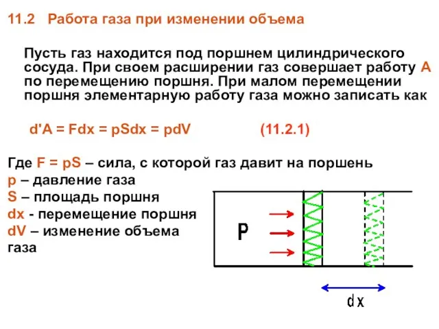 11.2 Работа газа при изменении объема Пусть газ находится под поршнем