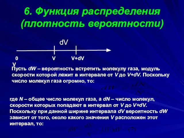 6. Функция распределения (плотность вероятности) dV 0 V V+dV V Пусть