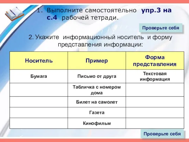 Проверьте себя Выполните самостоятельно упр.3 на с.4 рабочей тетради. 2. Укажите