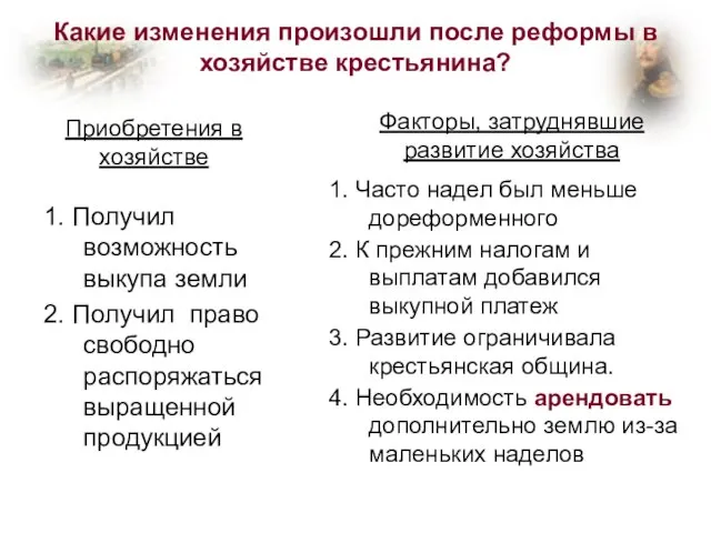 Приобретения в хозяйстве Факторы, затруднявшие развитие хозяйства 1. Получил возможность выкупа