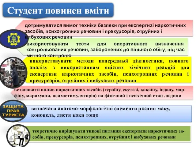 Студент повинен вміти використовувати методи попередньої діагностики, повного аналізу з використанням