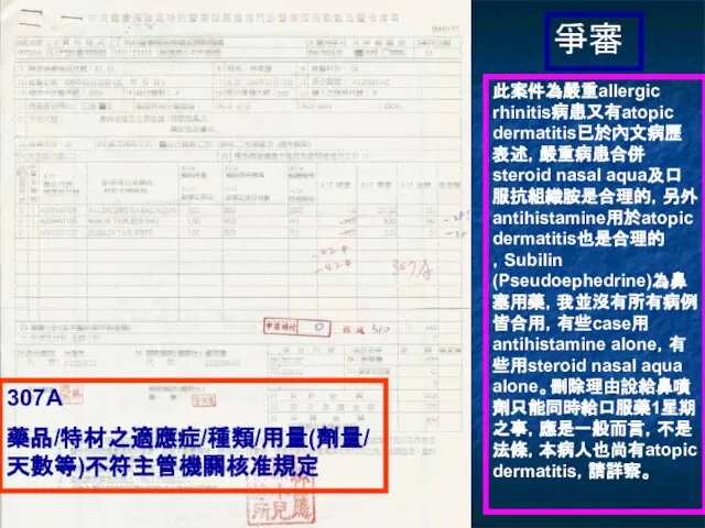 此案件為嚴重allergic rhinitis病患又有atopic dermatitis已於內文病歷表述，嚴重病患合併steroid nasal aqua及口服抗組織胺是合理的，另外antihistamine用於atopic dermatitis也是合理的，Subilin (Pseudoephedrine)為鼻塞用藥，我並沒有所有病例皆合用，有些case用antihistamine alone，有些用steroid nasal aqua alone。刪除理由說給鼻噴劑只能同時給口服藥1星期之事，應是一般而言，不是法條，本病人也尚有atopic dermatitis，請詳察。 爭審 307A 藥品/特材之適應症/種類/用量(劑量/天數等)不符主管機關核准規定