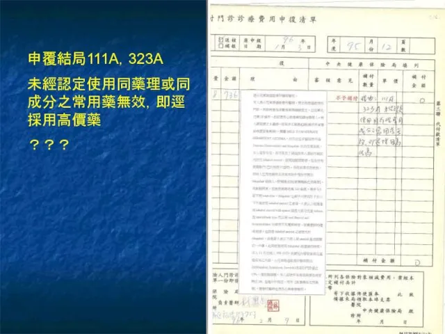 申覆結局111A，323A 未經認定使用同藥理或同成分之常用藥無效，即逕採用高價藥 ？？？