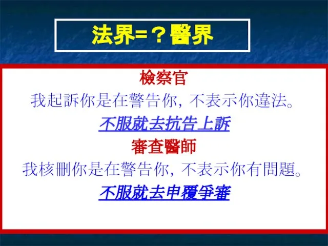 檢察官 我起訴你是在警告你，不表示你違法。 不服就去抗告上訴 審查醫師 我核刪你是在警告你，不表示你有問題。 不服就去申覆爭審 法界=？醫界