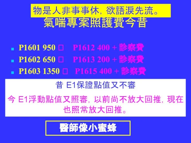 氣喘專案照護費今昔 P1601 950 ? P1612 400 + 診察費 P1602 650 ?