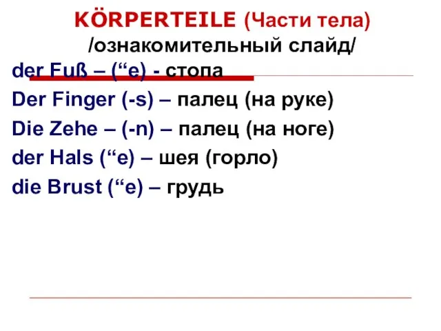 KÖRPERTEILE (Части тела) /ознакомительный слайд/ der Fuß – (“e) - стопа