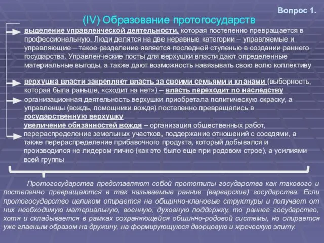 Вопрос 1. (IV) Образование протогосударств выделение управленческой деятельности, которая постепенно превращается