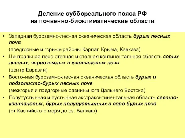 Деление суббореального пояса РФ на почвенно-биоклиматические области Западная буроземно-лесная океаническая область