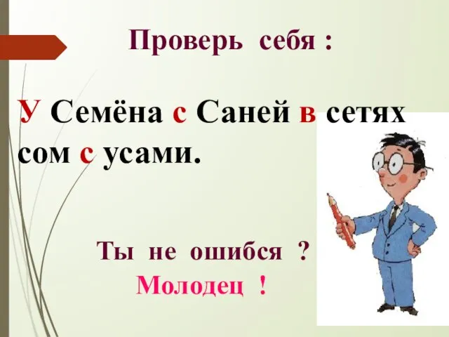 Проверь себя : У Семёна с Саней в сетях сом с