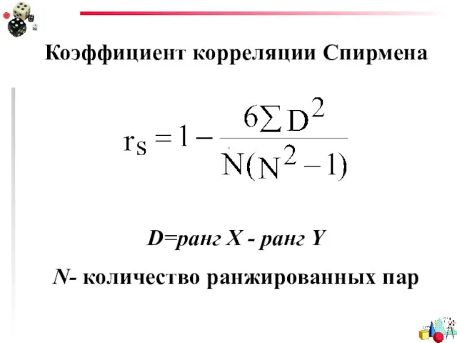 Коэффициент корреляции Спирмена , D=ранг X - ранг Y N- количество ранжированных пар