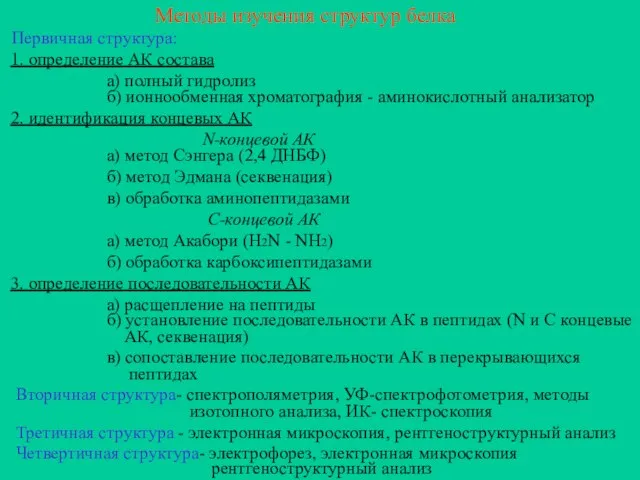 Методы изучения структур белка Первичная структура: 1. определение АК состава а)