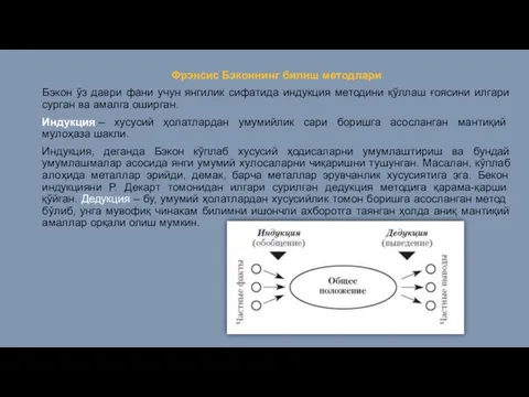 Фрэнсис Бэконнинг билиш методлари Бэкон ўз даври фани учун янгилик сифатида