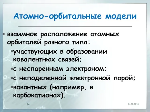 Атомно-орбитальные модели взаимное расположение атомных орбиталей разного типа: участвующих в образовании