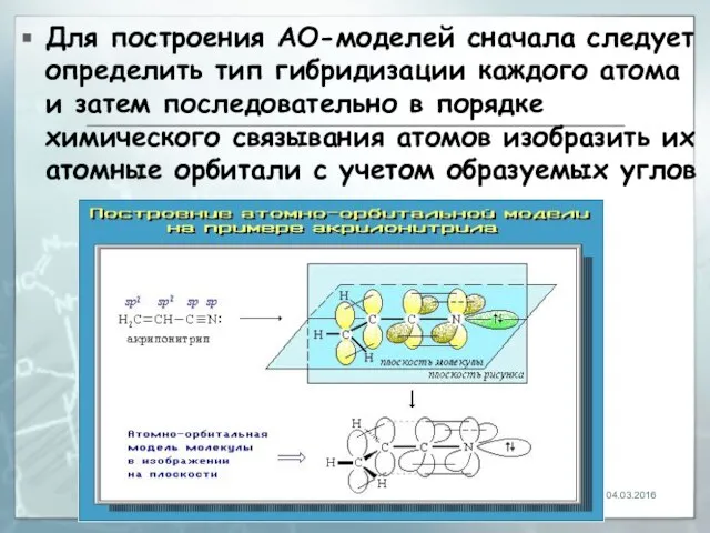 Для построения АО-моделей сначала следует определить тип гибридизации каждого атома и