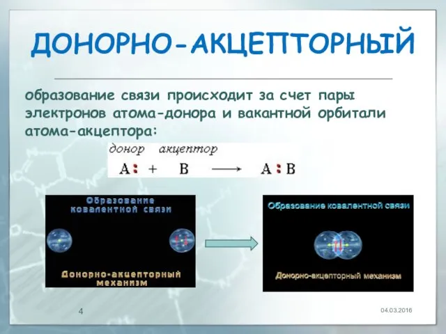 ДOНОРНО-АКЦЕПТОРНЫЙ 04.03.2016 образование связи происходит за счет пары электронов атома-донора и вакантной орбитали атома-акцептора: