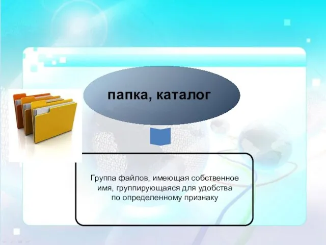 папка, каталог Группа файлов, имеющая собственное имя, группирующаяся для удобства по определенному признаку